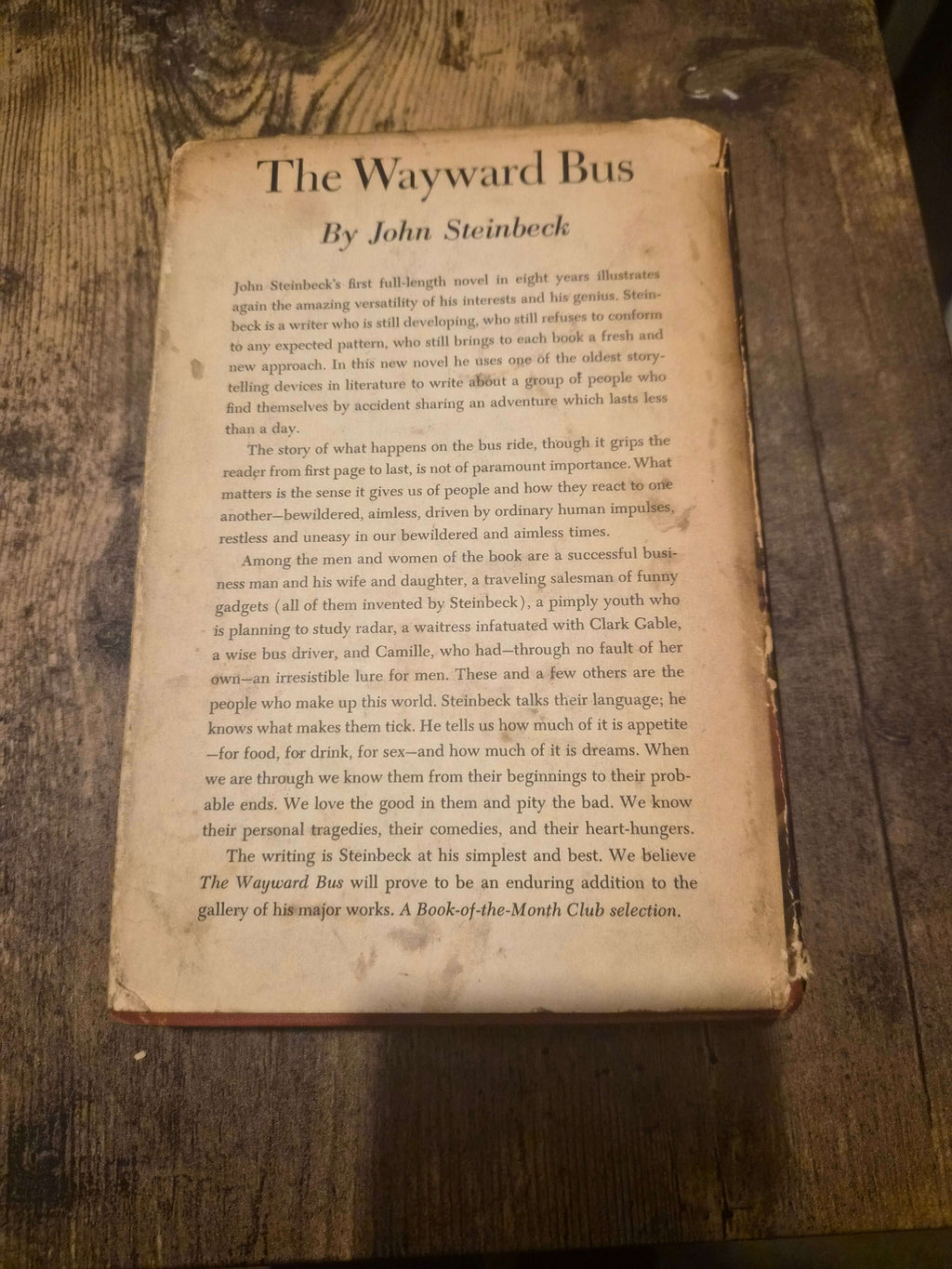 The Wayward Bus 1947 first edition dust jacket back cover by John Steinbeck with text description.