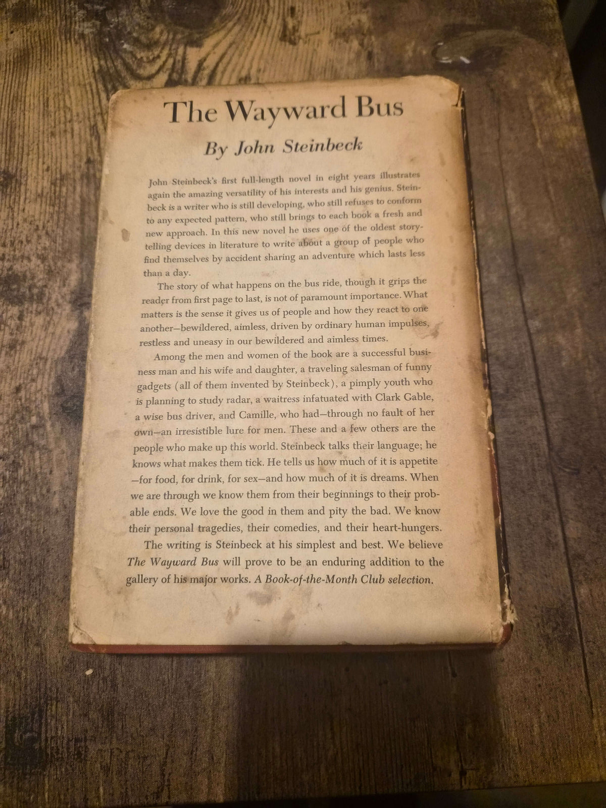 The Wayward Bus 1947 first edition dust jacket back cover by John Steinbeck with text description.