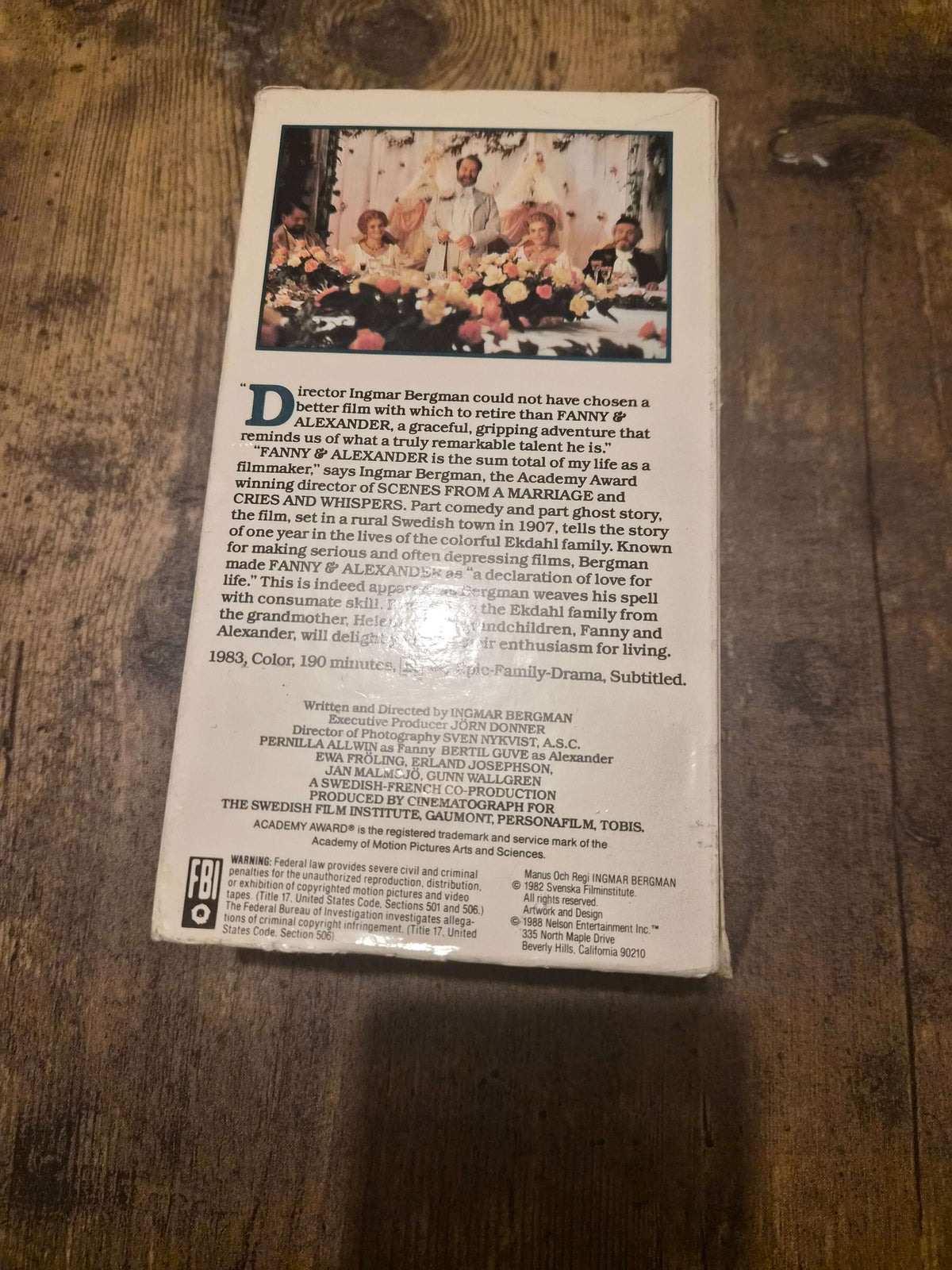 Fanny and Alexander VHS set back cover showcasing the film's details and features.