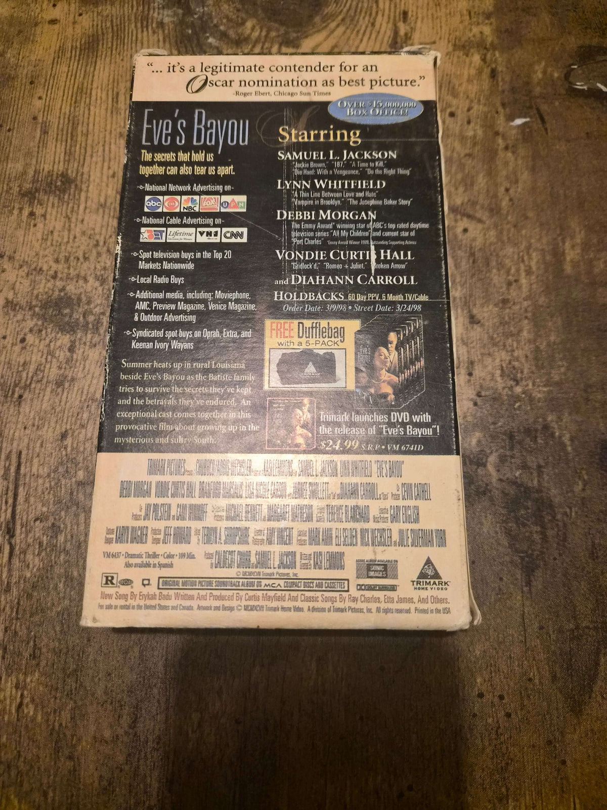 Eve's Bayou VHS movie back cover featuring cast and details about the 1998 Southern Gothic drama.
