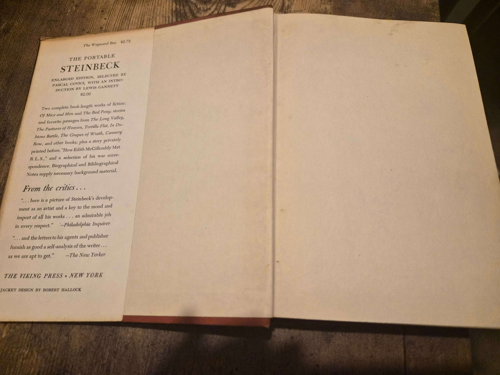 The Wayward Bus 1947 first edition inside cover page with notes from critics and publisher information.